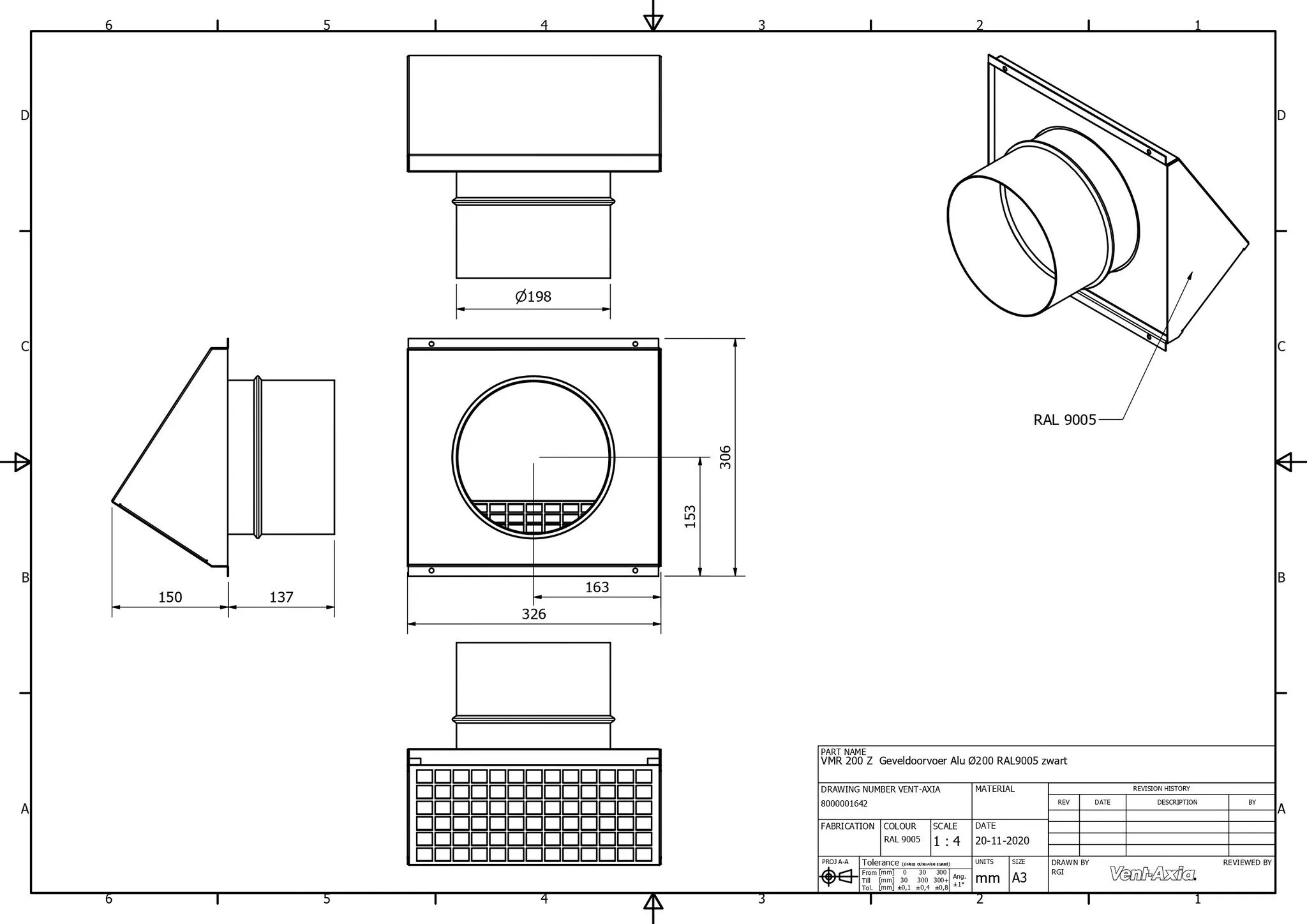 Vent-Axia VMR 200 Z / Geveldoorvoer Alu Ø200 RAL9005 zwart - Image 2